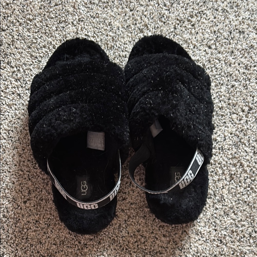 Ugg Black Plush Slippers Open Back